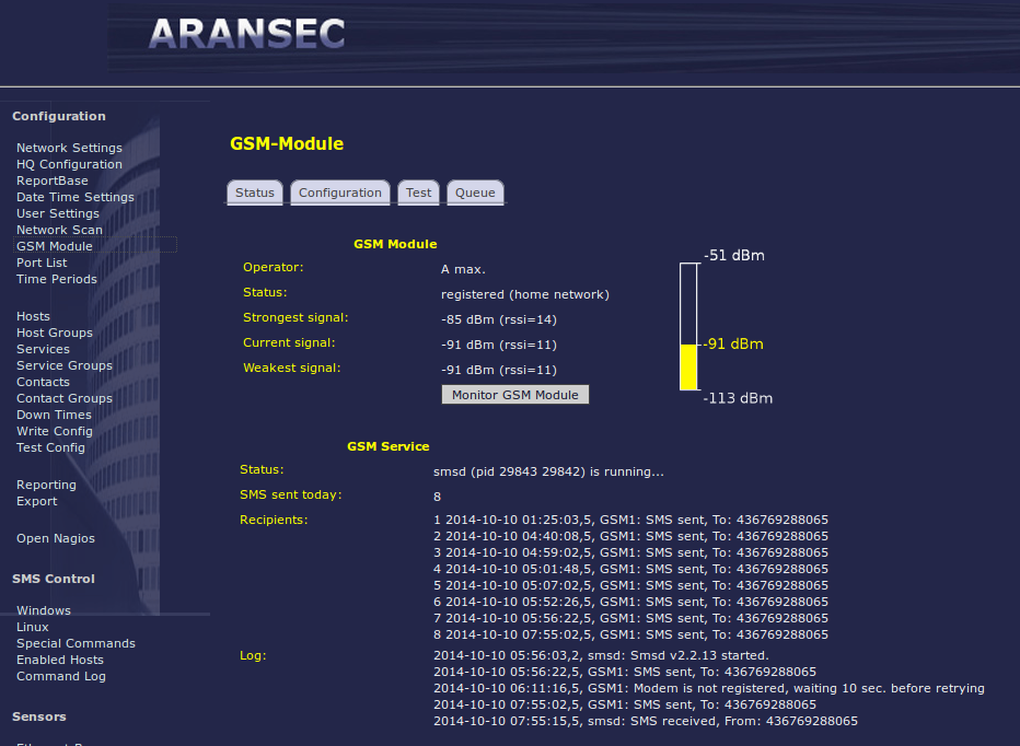 GSM Konfiguration mit Anzeige Signalstärke in ARANSEC (ab Ver. 2.41)